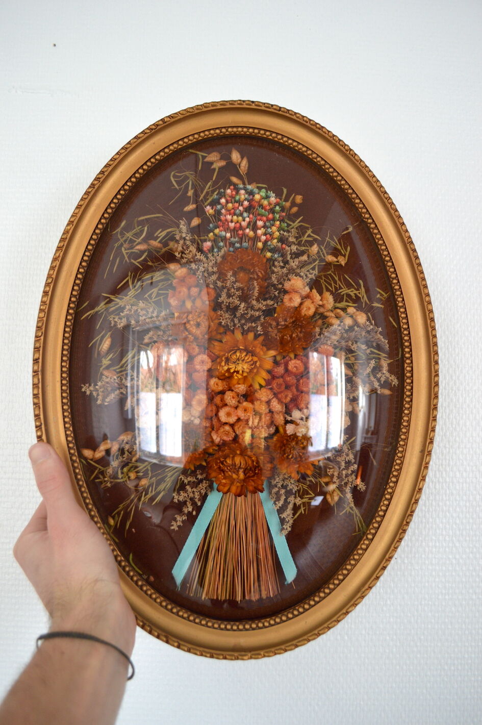 Frame of dried flowers under domed glass