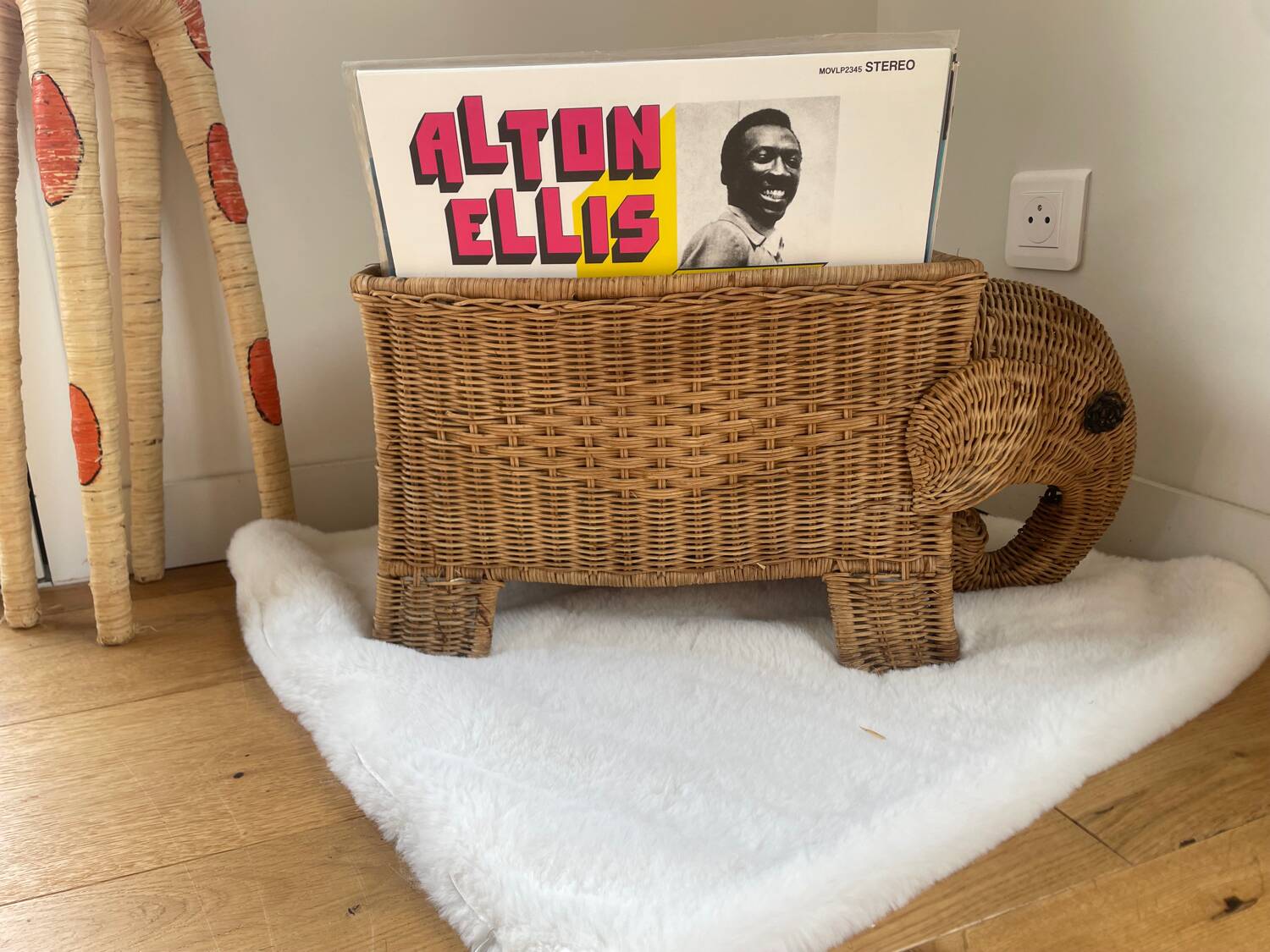 vintage rattan elephant magazine/vinyl holder