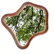Antique wall mirror in carved wood with a wavy shape and a golden trim.