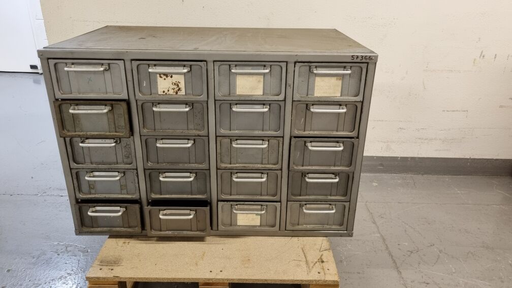 Antique metal workshop furniture has 20 drawers