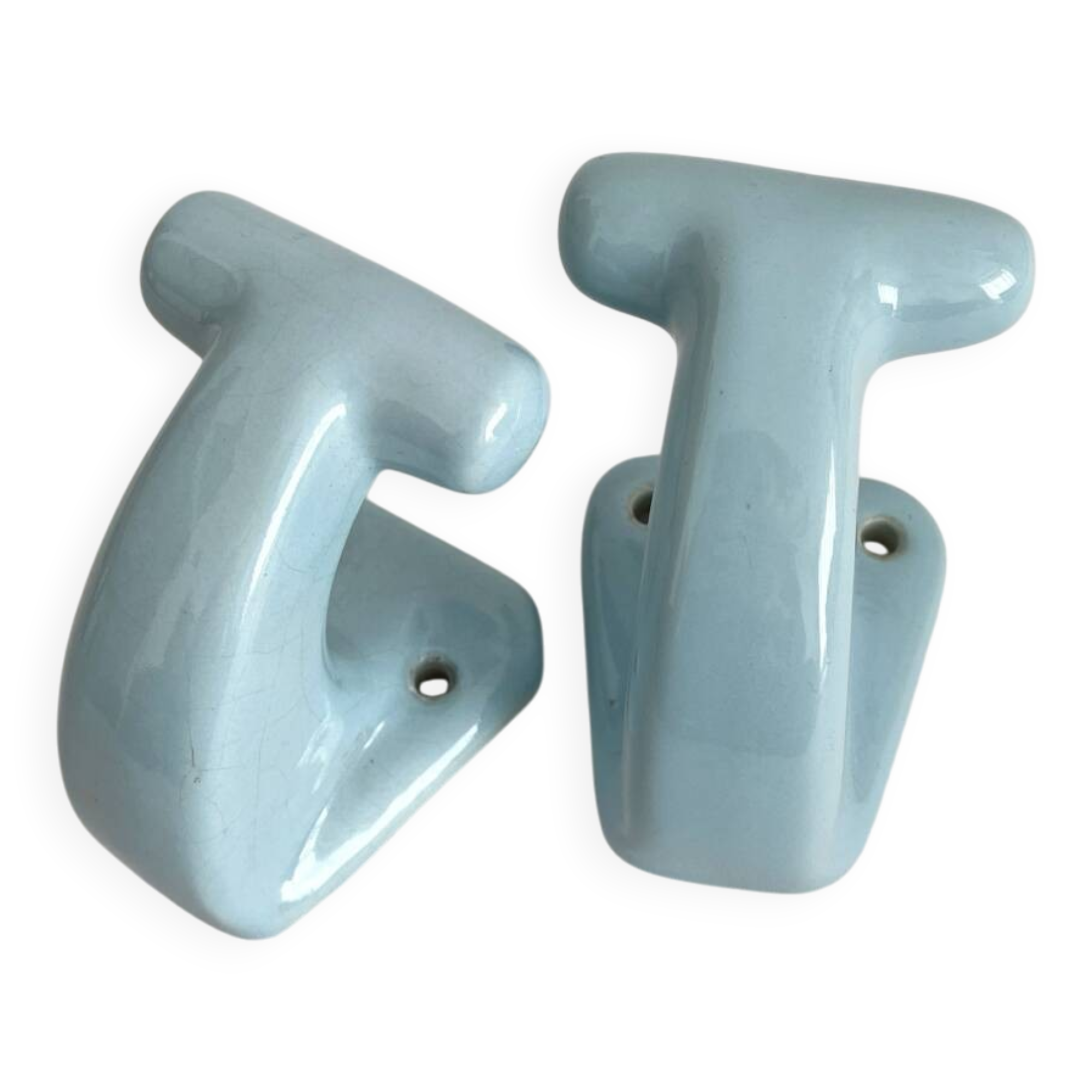 2 patères de salle de bain vintage en céramique bleue