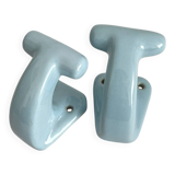 2 patères de salle de bain vintage en céramique bleue