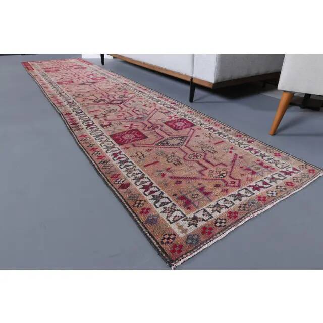 1970s Vintage Turkish Hand-Knotted Wool Cotton Beige Runner Rug 80x348