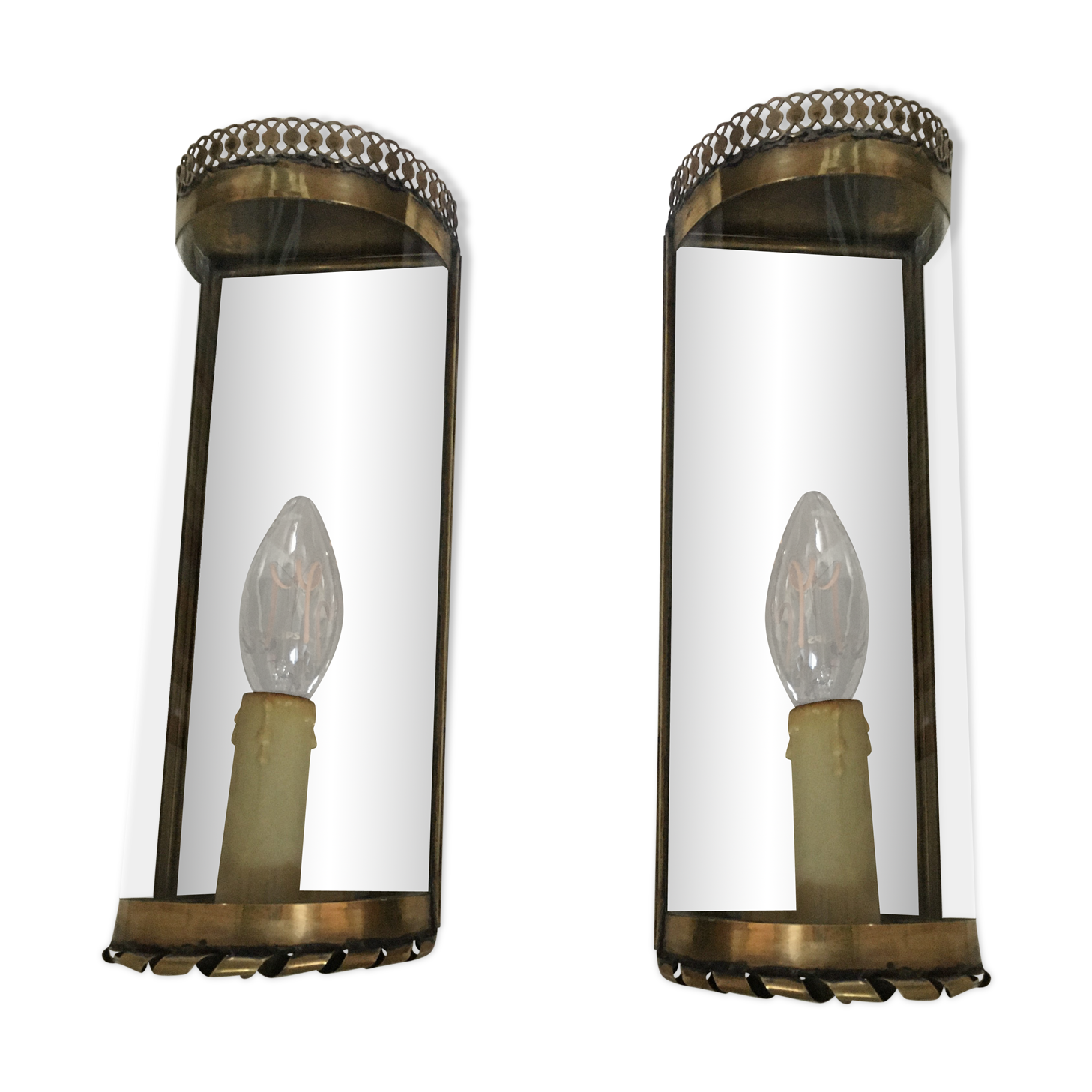 Pair of old brass and glass wall light