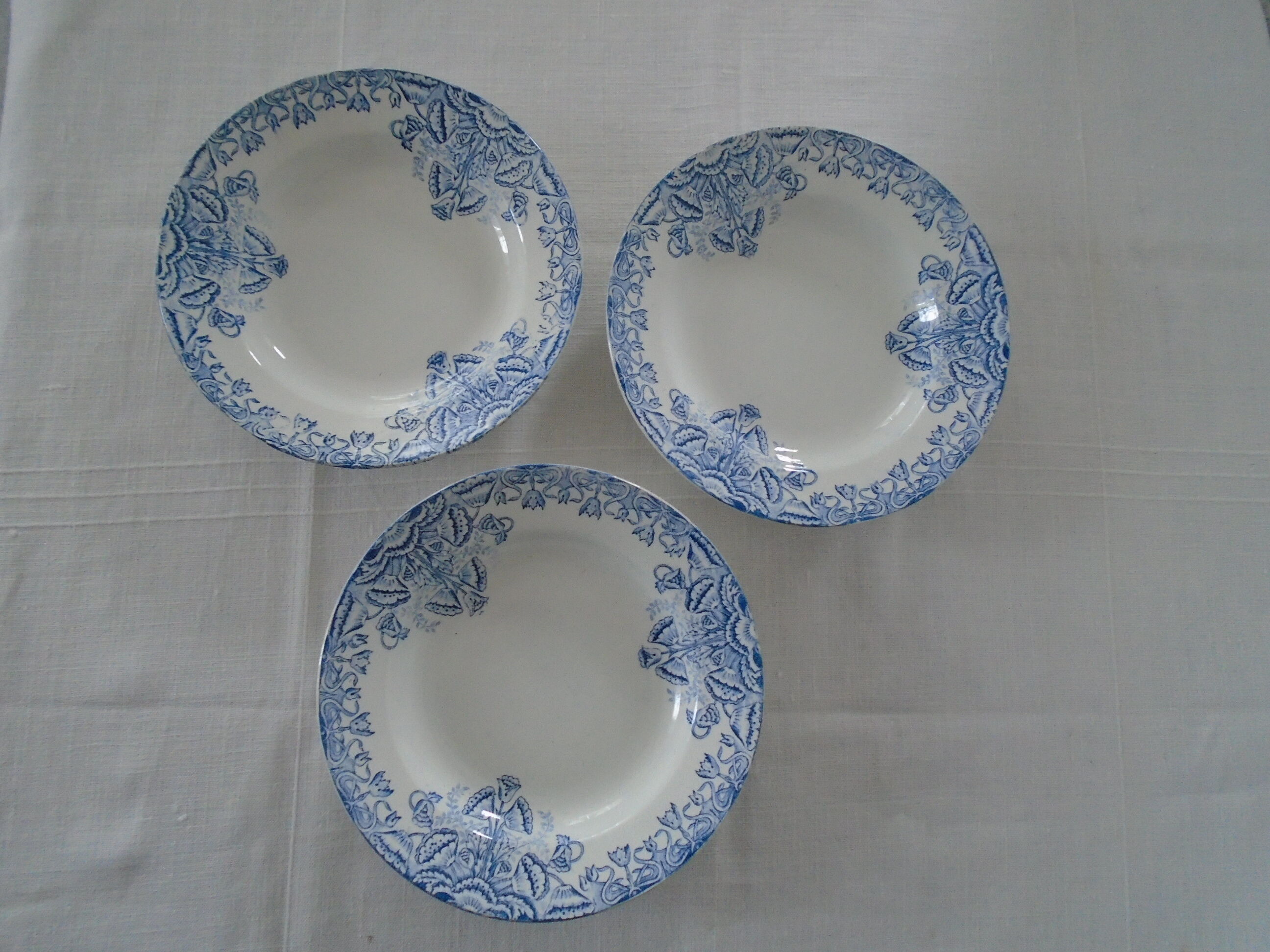 3 Blue Plates Saint Amand Waters decoration Floral faience ancient