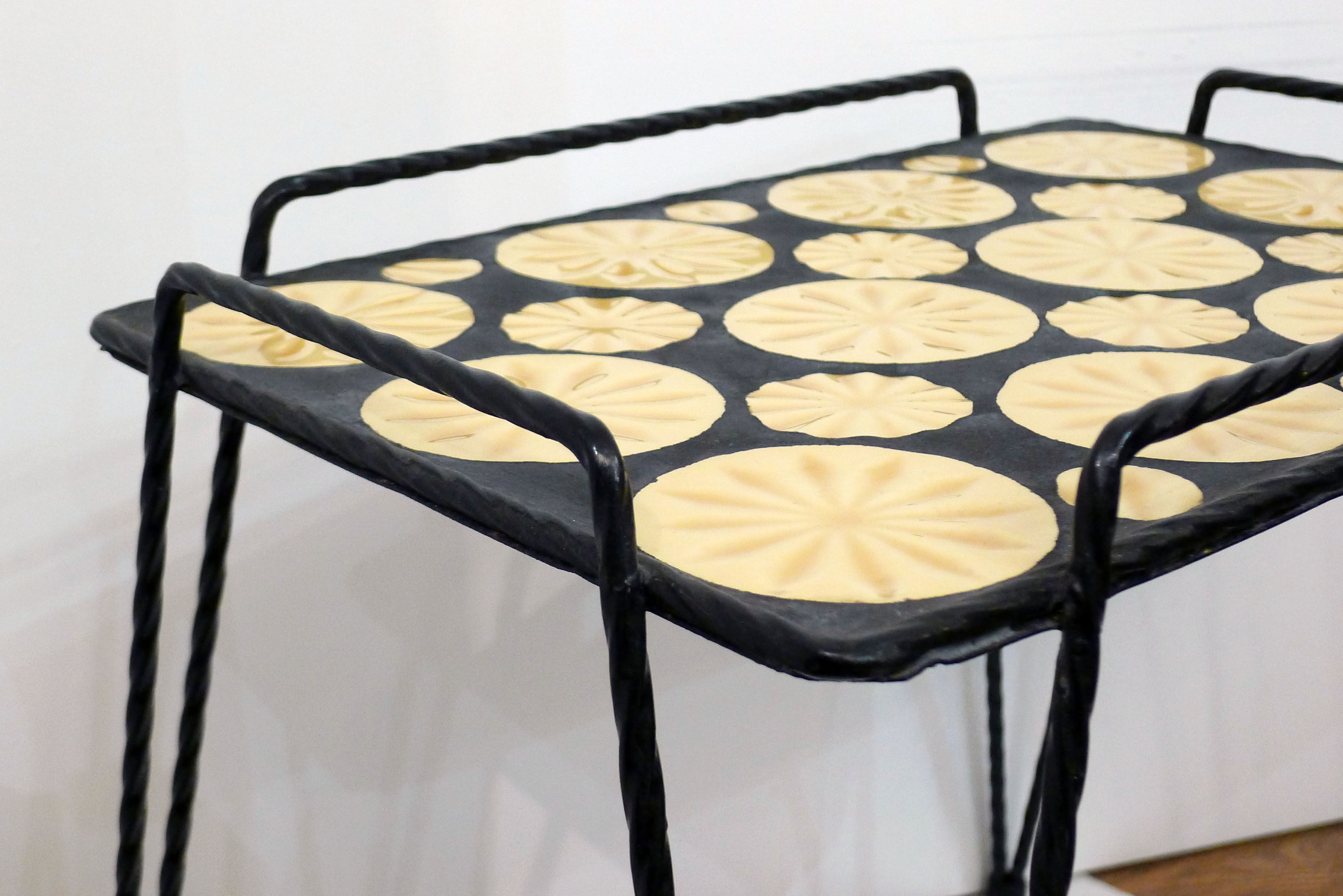 Mosaic and wrought iron side table, compass feet