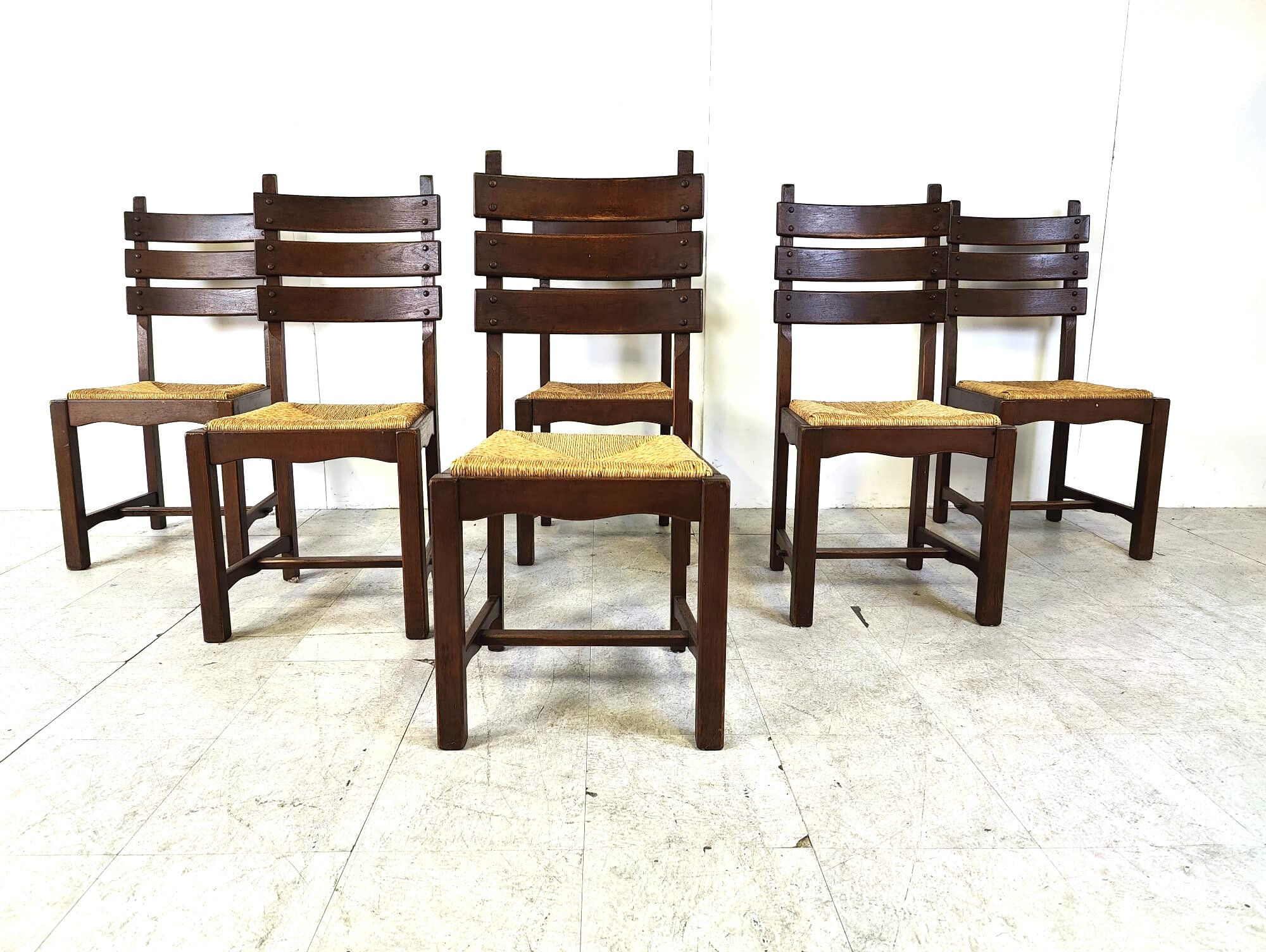 Vintage oak and wicker brutalist dining chairs, 1960s
