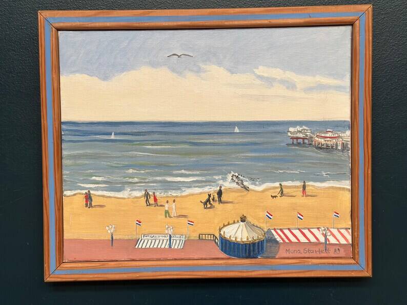 Original Swedish Oil on Canvas – "Day at the Beach" by Mona Starfelt – Signed – Dated 1989 – Framed