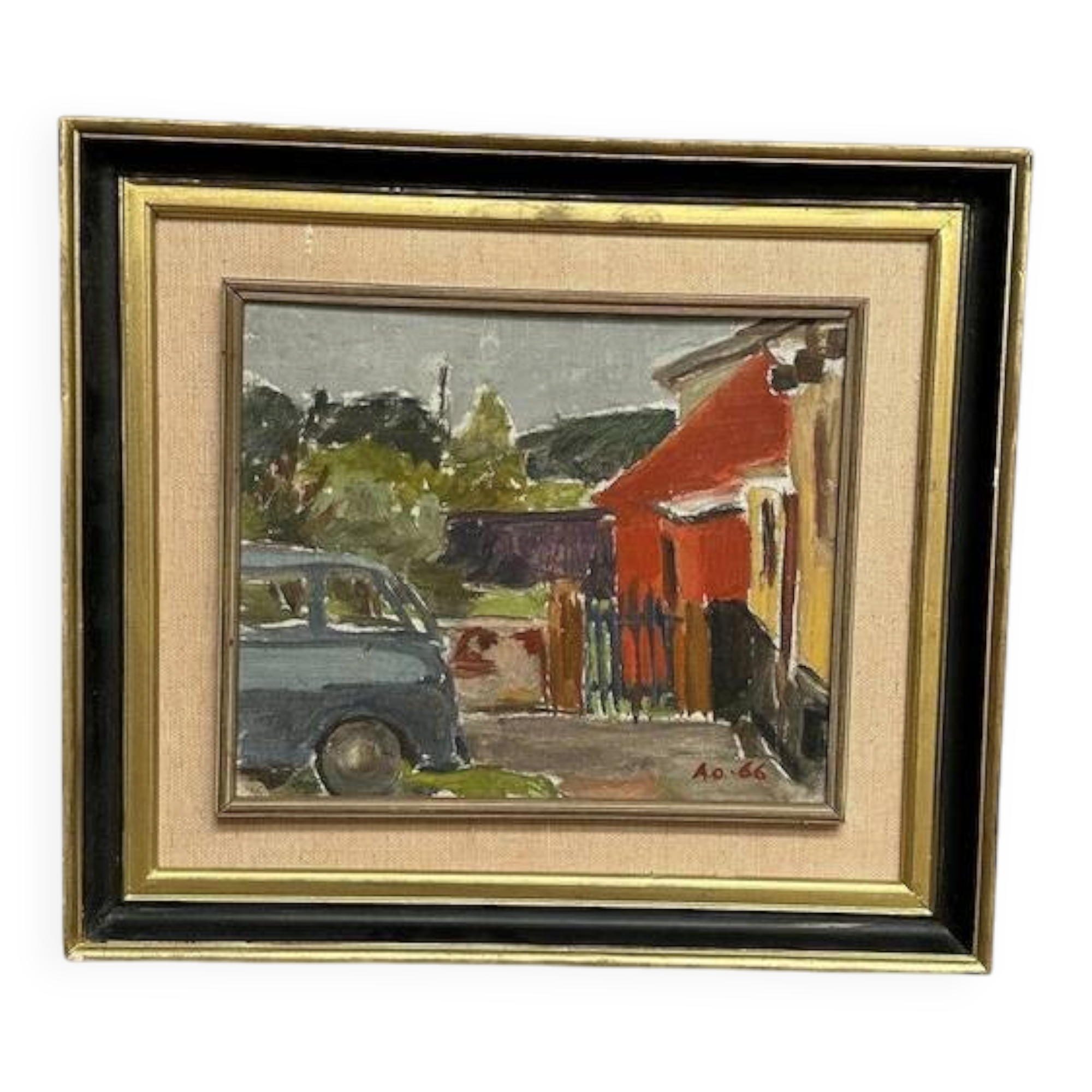Mid-Century Oil on panel "Urban Scene" by A.O. Vintage & Framed 41×36cm