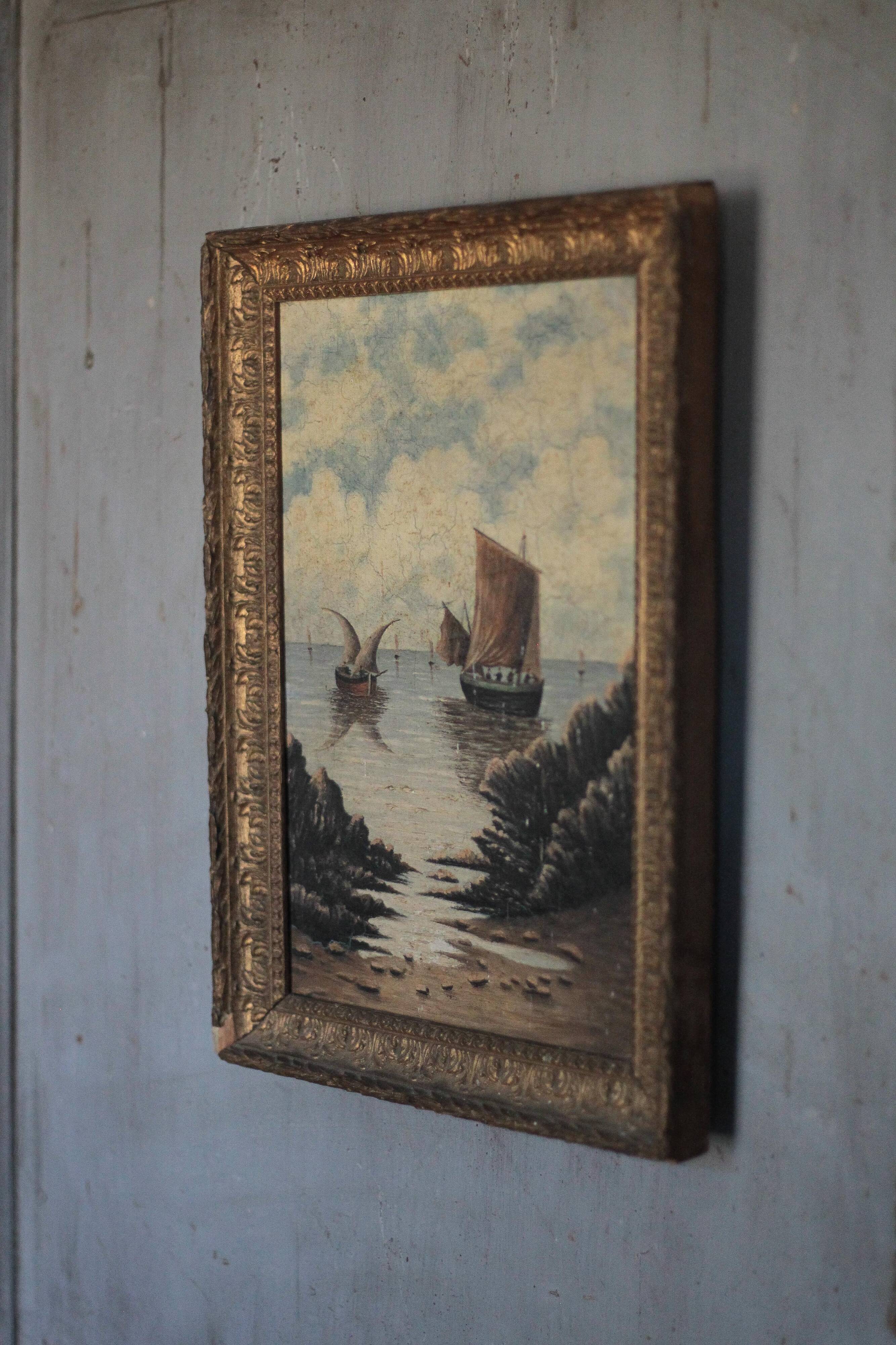 Old painting, marine painting, framed painting, wall painting, boat
