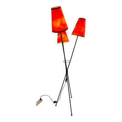 Lampadaire vintage 1950-1960 metal noir avec pietement tripode a 3 tetes d’