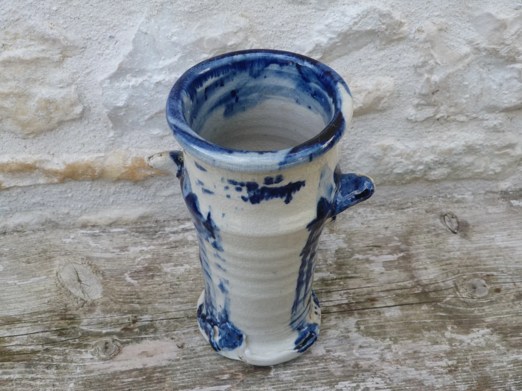 Vintage 1950 Brutalist vase in pottery with blue glazes, signed Blaso.