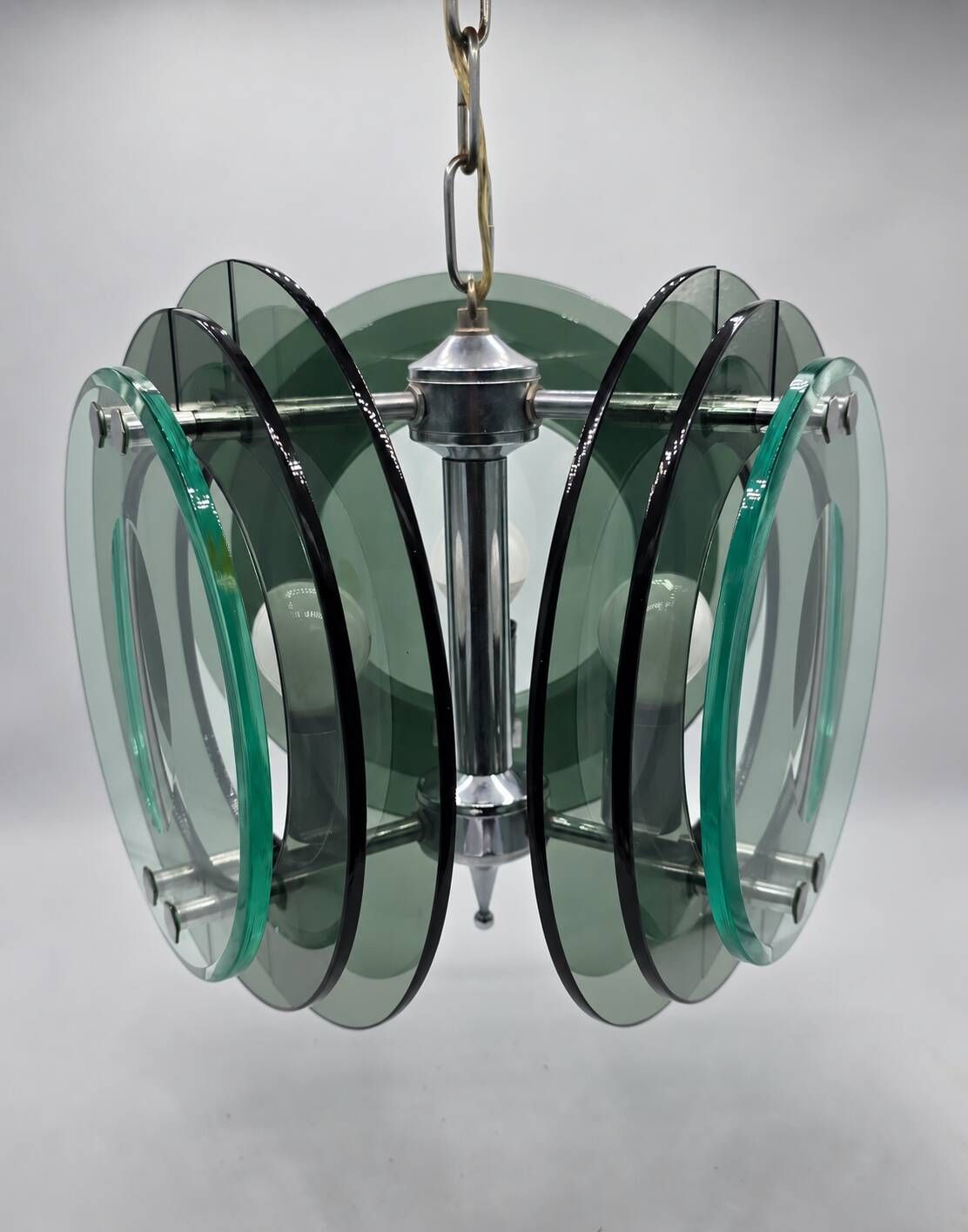 Suspension space age in thick grey-green smoked glass, in the style of Fontana.