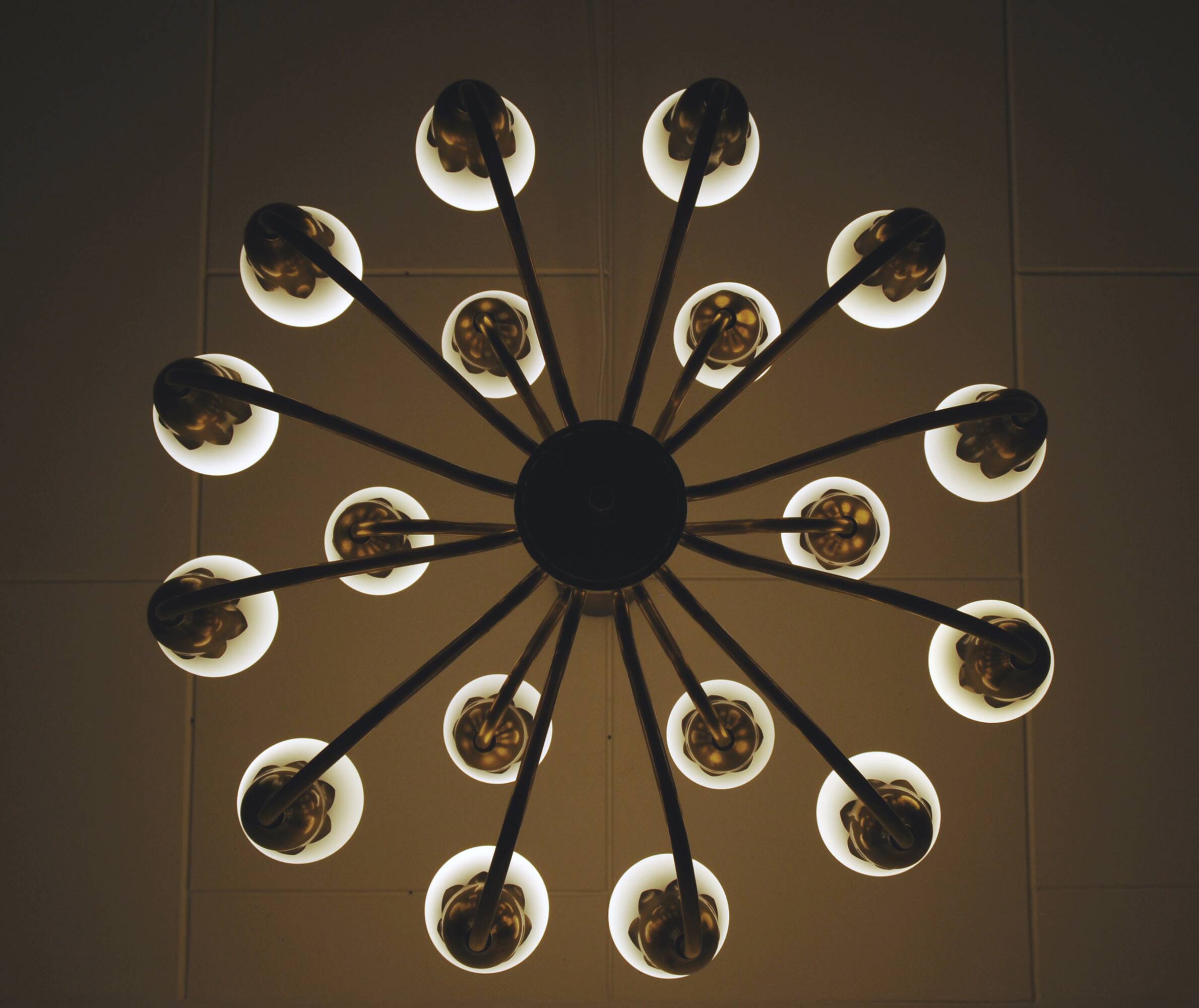 Fog & Mørup 18-Arm Brass and Opaline Glass Tulip Chandelier