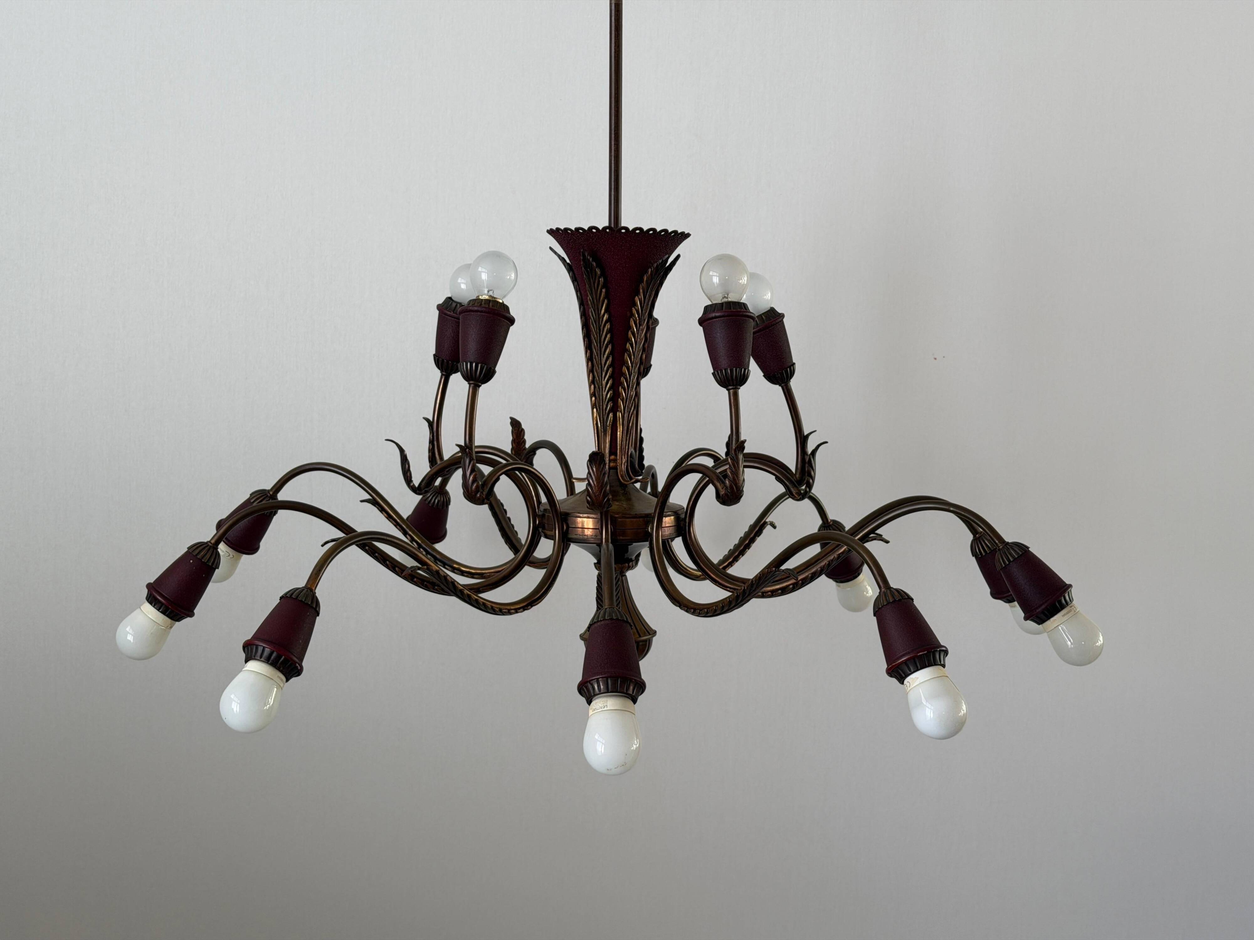 Large Burgundy brass chandelier with 15 arms, 1950, Italy