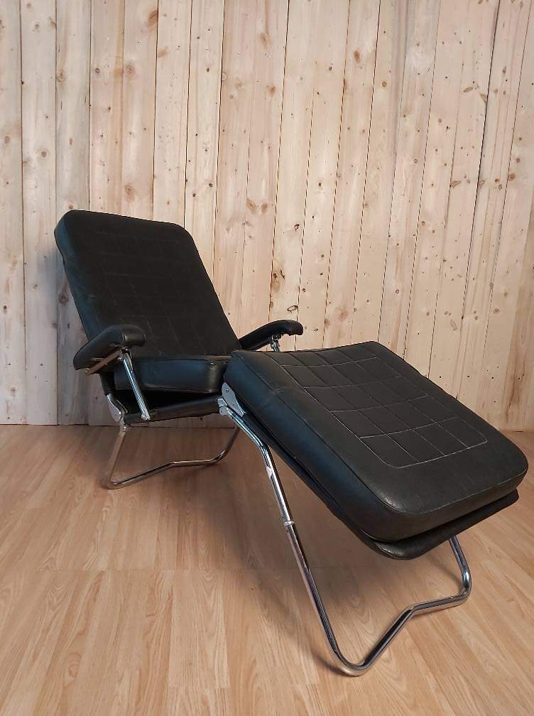 Long chair relax vintage skaï noir by condor-pParis 1970
