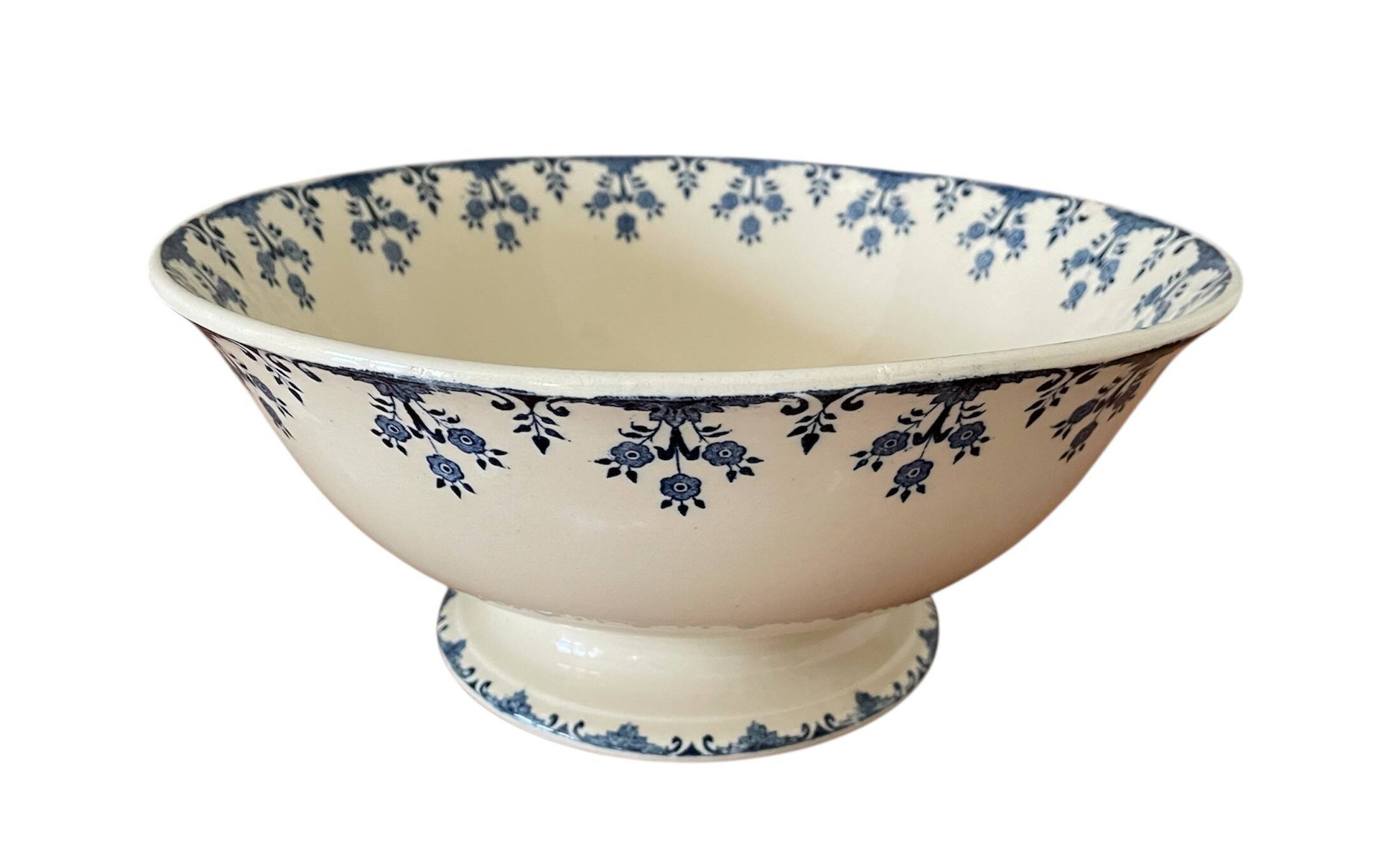 Large antique pedestal salad bowl in Gien earthenware.