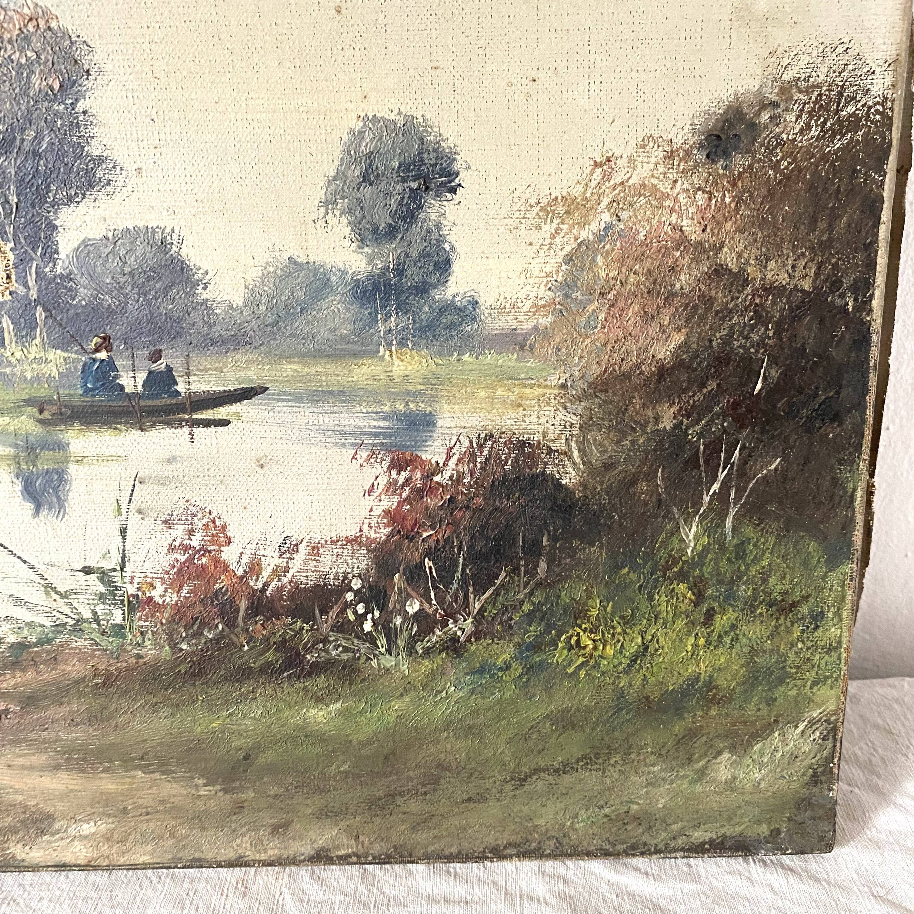 Old canvas painting at the water's edge, boat