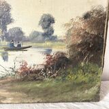 Peinture sur toile ancienne au bord de l'eau ,  barque