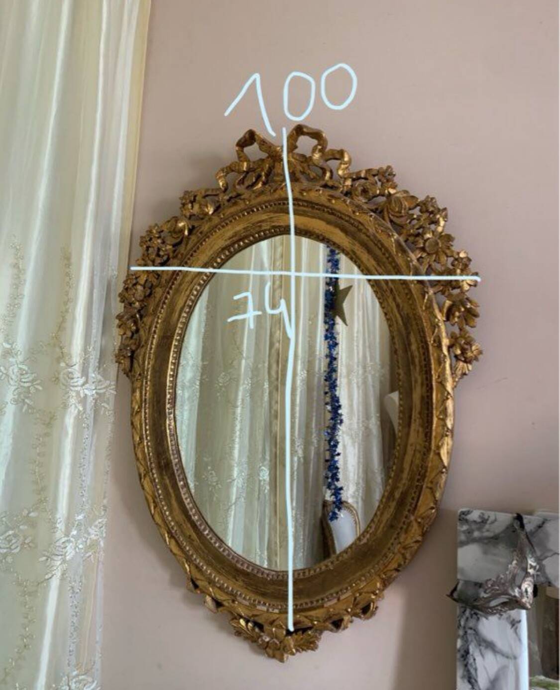Antique oval mirror with gold leaf – Pediment with bow & floral motifs style