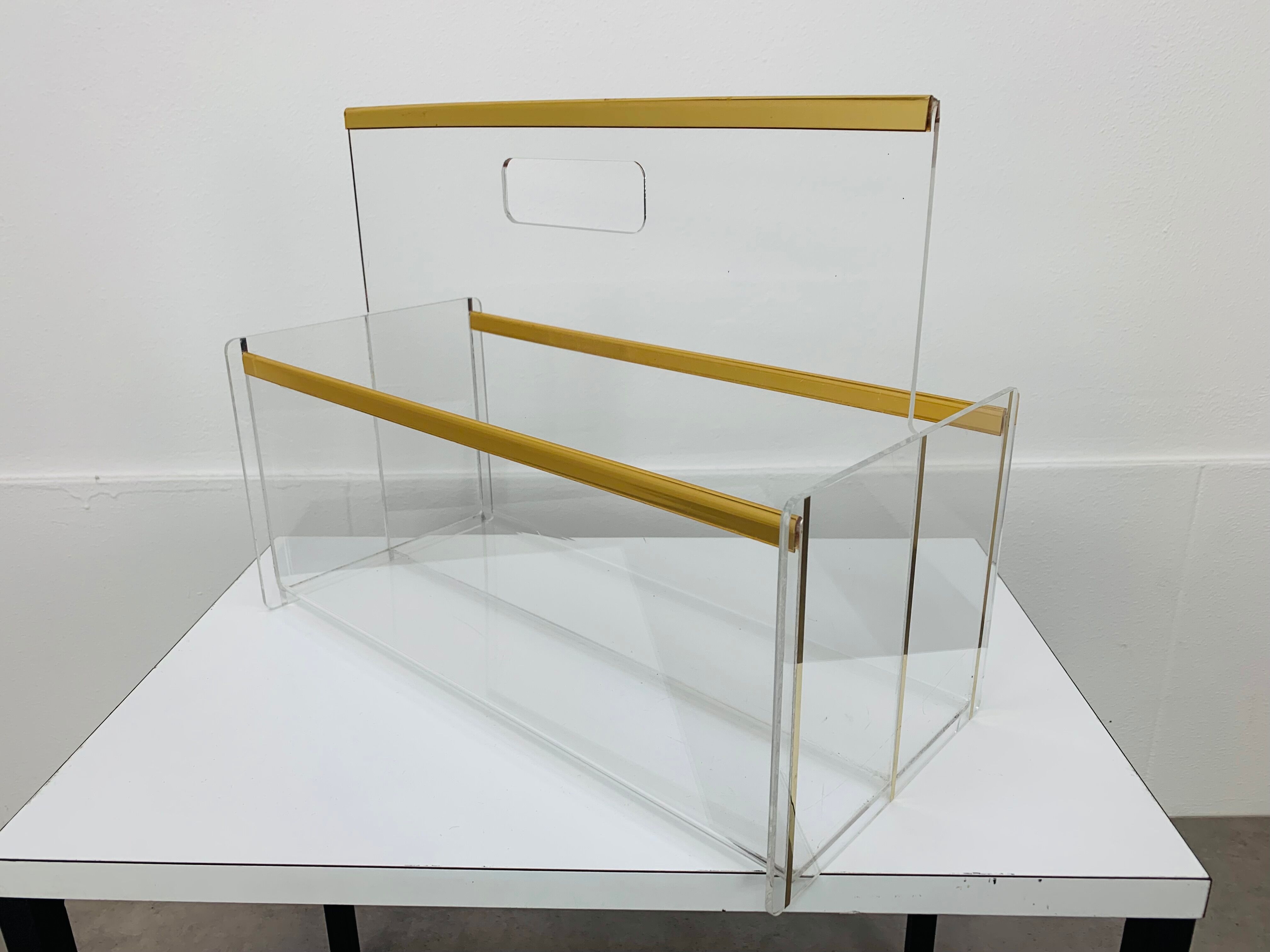 Plexiglas and brass magazine door 70s Hollywood Regency style