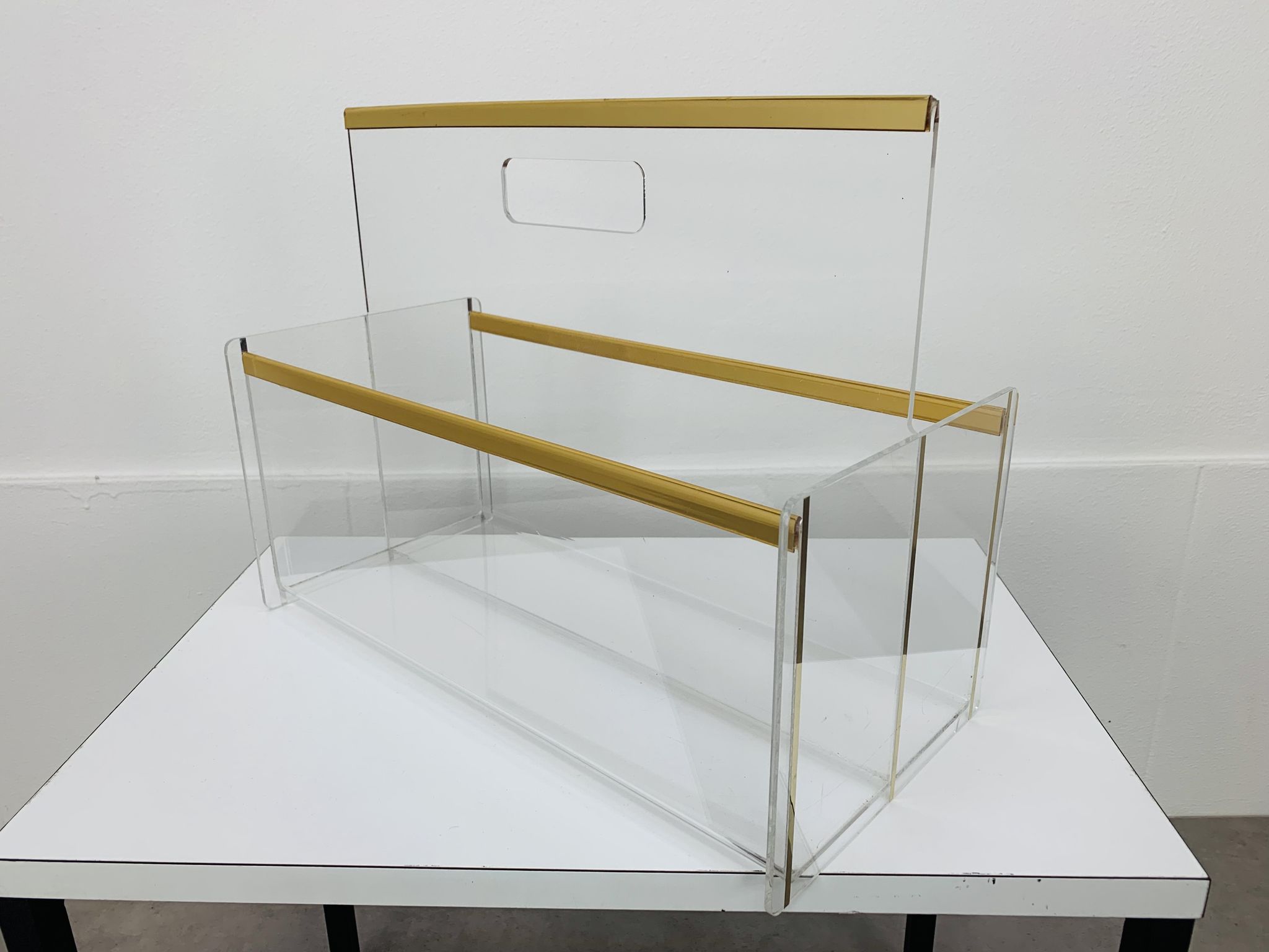 Plexiglas and brass magazine door 70s Hollywood Regency style