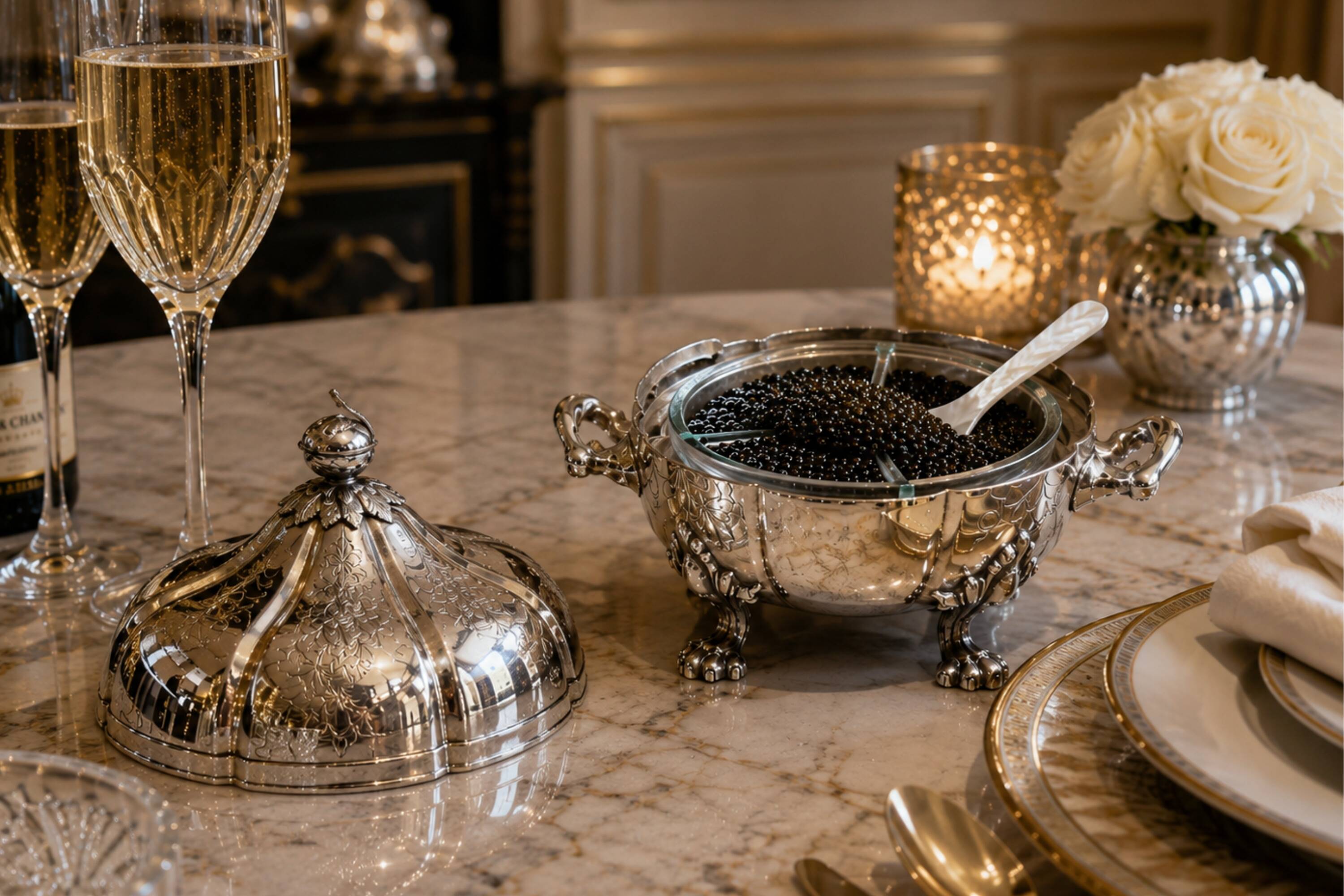 Antique Decorative Caviar Dish Caviar Serving, Silver Quadruple Plate Lid, Spoon