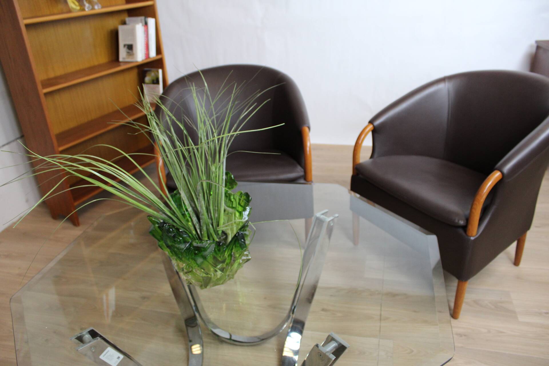 Pair of vintage Scandinavian armchairs brown leather opus 1982 suede