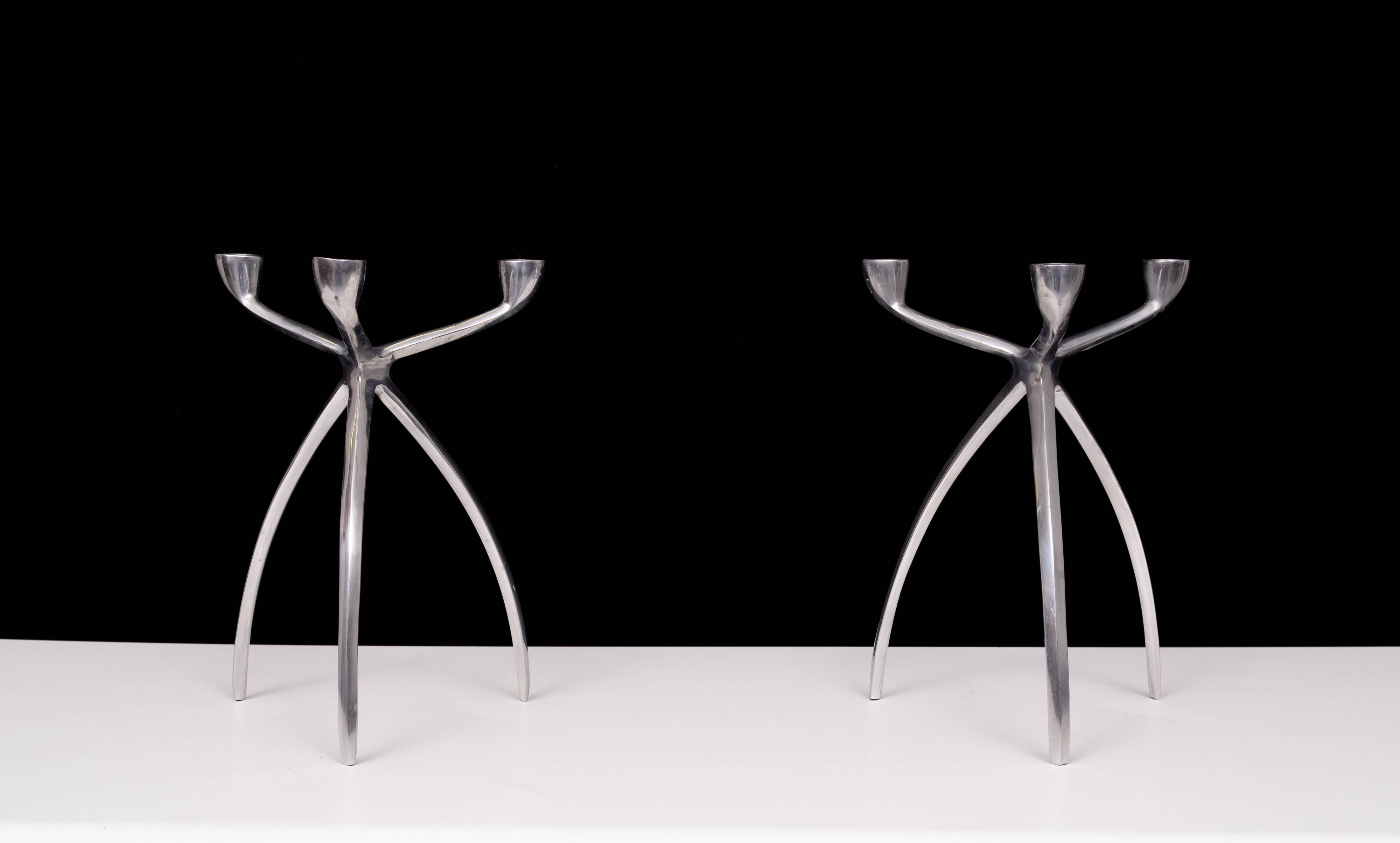 Pair aluminum 3 arms spider candle sticks de bijenkorf 1970s
