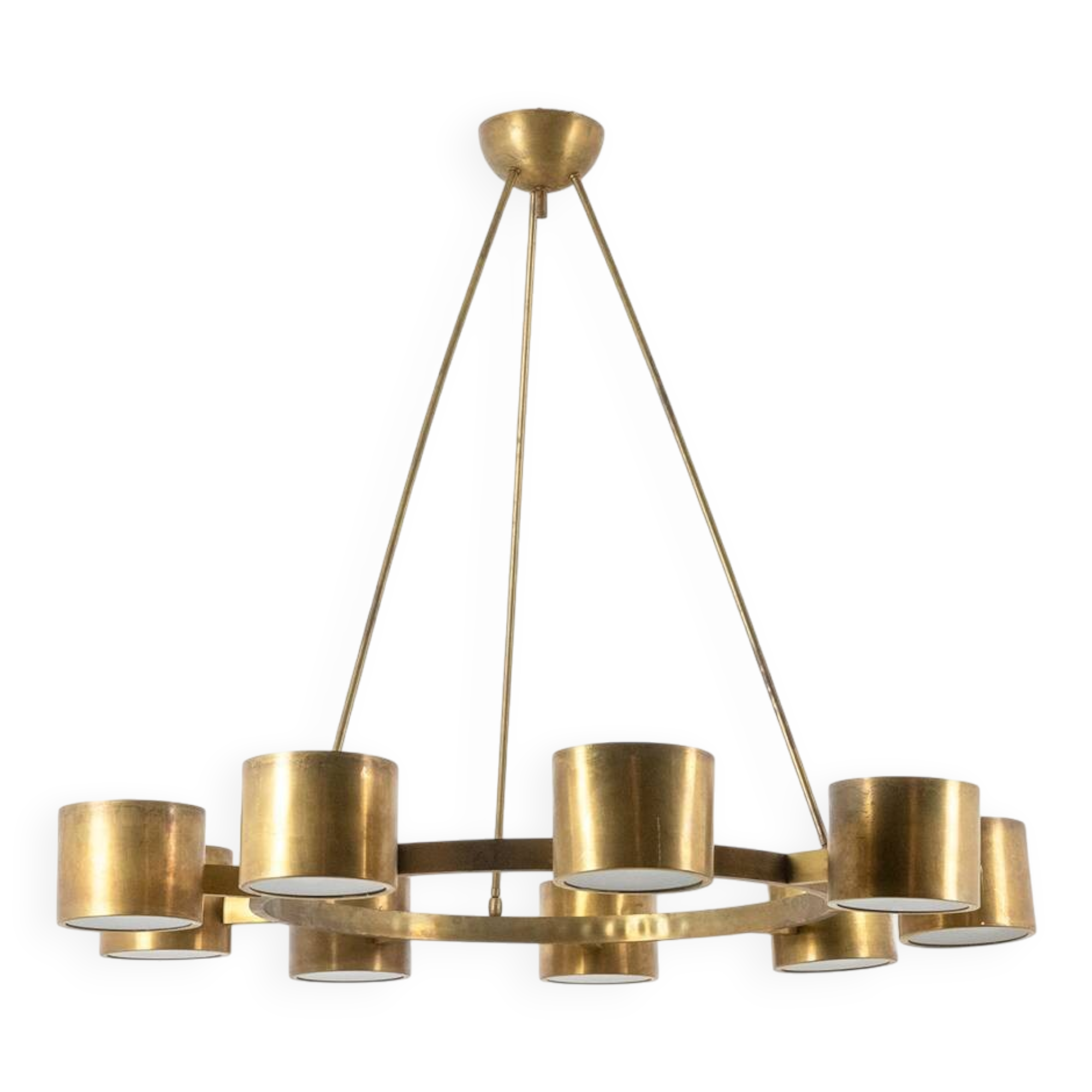 Matte gold brass circular chandelier. Contemporary Italian work.