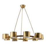 Matte gold brass circular chandelier. Contemporary Italian work.