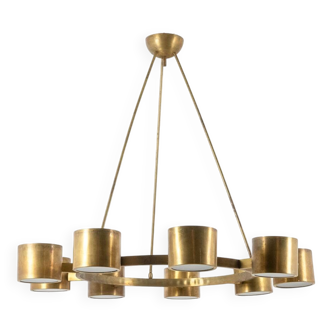 Matte gold-plated circular chandelier. Contemporary Italian work.