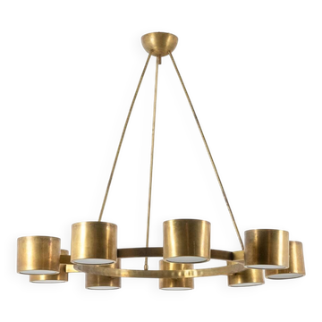 Matte gold brass circular chandelier. Contemporary Italian work.