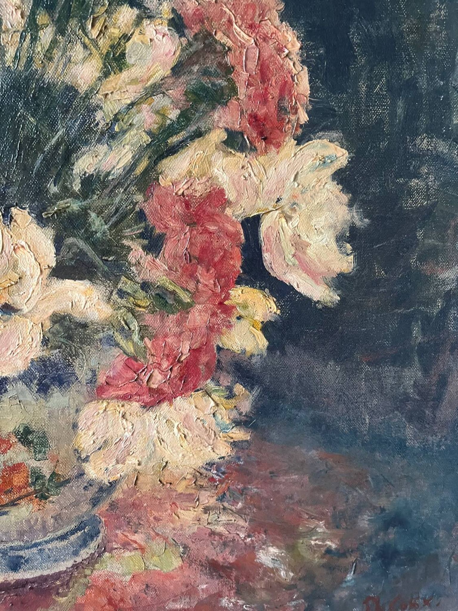 Bouquet d’œillets en vase bleu et blanc, signée