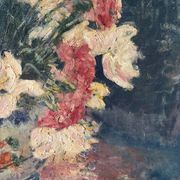Bouquet d’œillets en vase bleu et blanc, signée