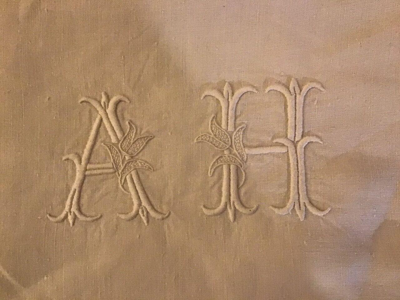 Vintage linen sheet 2 people monogrammed "AH"