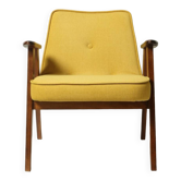 Fauteuil vintage tissu moelleux jaune design moderne milieu du siècle par Chierowski 1962 bois de chêne
