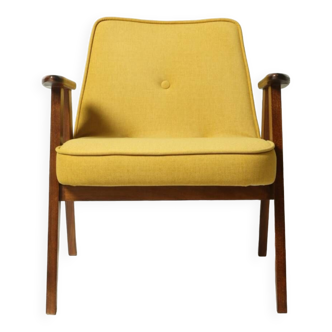 Vintage armchair yellow mellow fabric mid century modern design by Chierowski 1962 oak wood