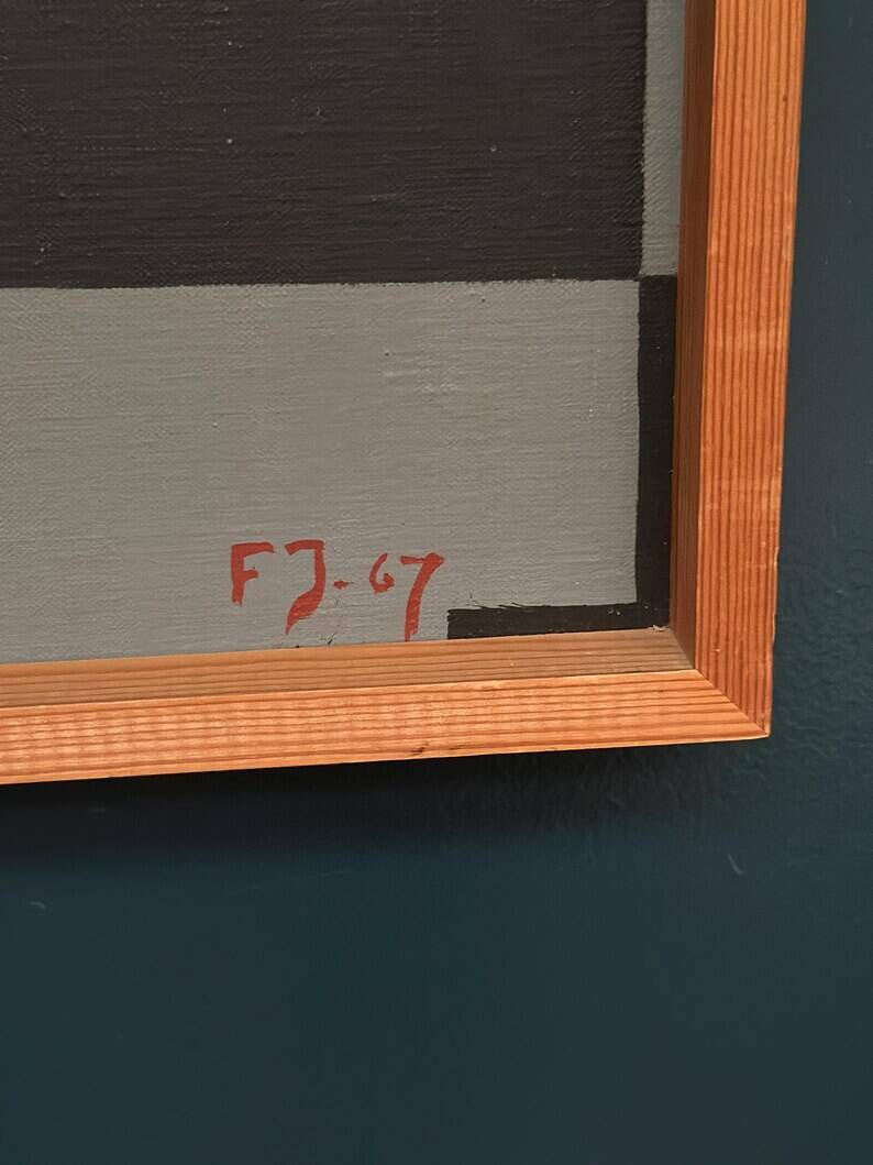 Original Danish Oil on Canvas – “Cultural Revolution in the Passerenden” by Finn Johansen 1967 – Vintage & Framed – 56.5×36.5cm (22.2" × 14.4")