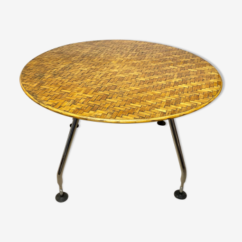 Table vintage ronde plateau bambou tressé et pieds Norman Foster design