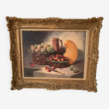Nature morte aux fruits (fraises/potiron), sur châssis toilé avec cadre baroque doré