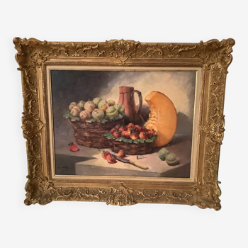 Still life with fruits (strawberries/pumpkin), on canvas frame with gilded baroque frame