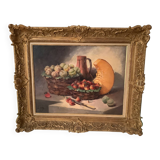 Still life with fruits (strawberries/pumpkin), on canvas frame with gilded baroque frame