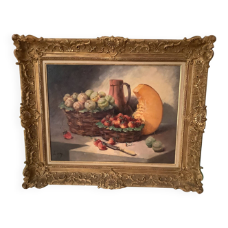 Still life with fruits (strawberries/pumpkin), on canvas frame with gilded baroque frame