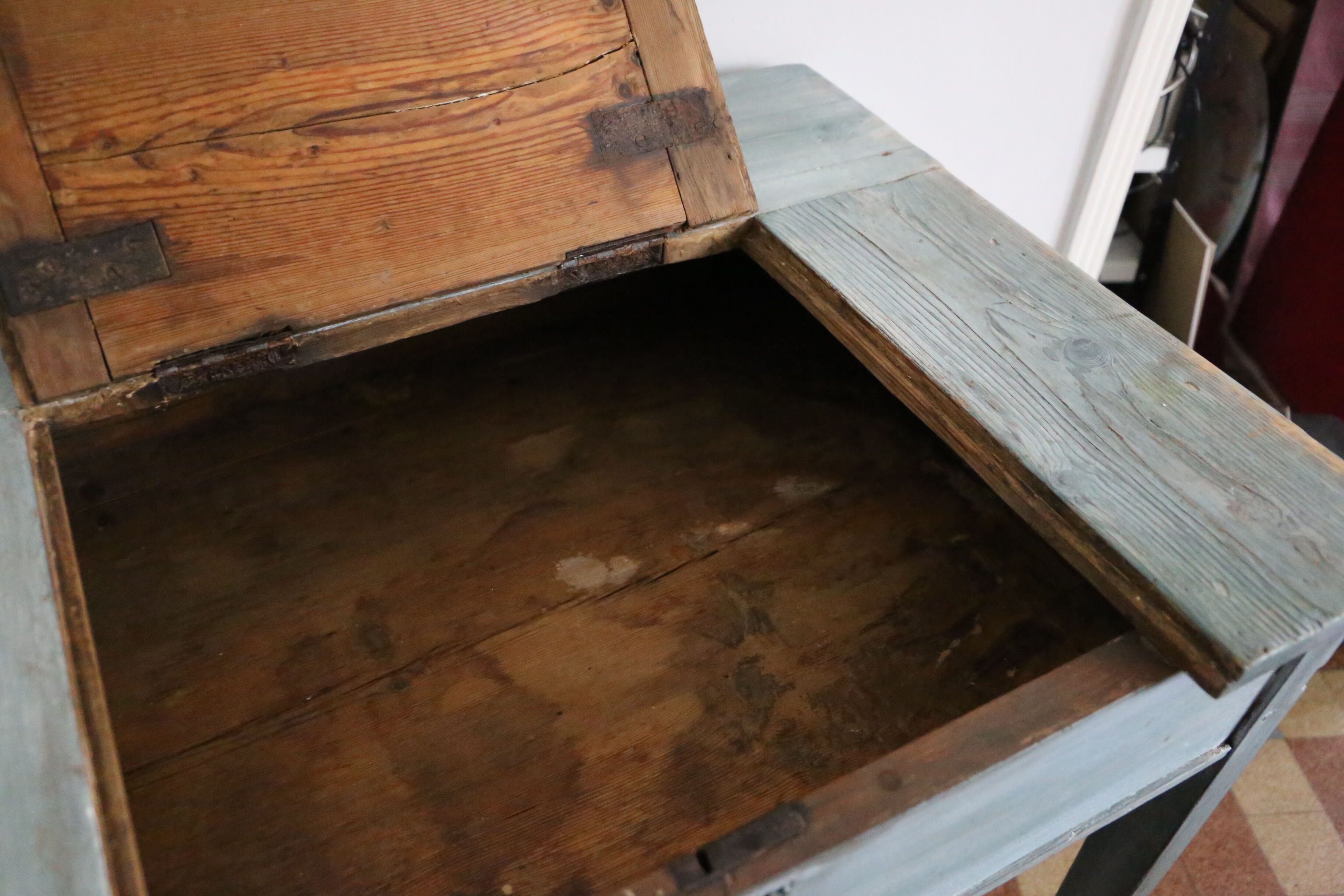 Old box desk, blue lasure