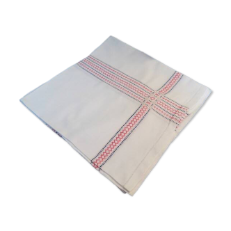 Old square linen tablecloth with wide woven strips 150 x 150 cm