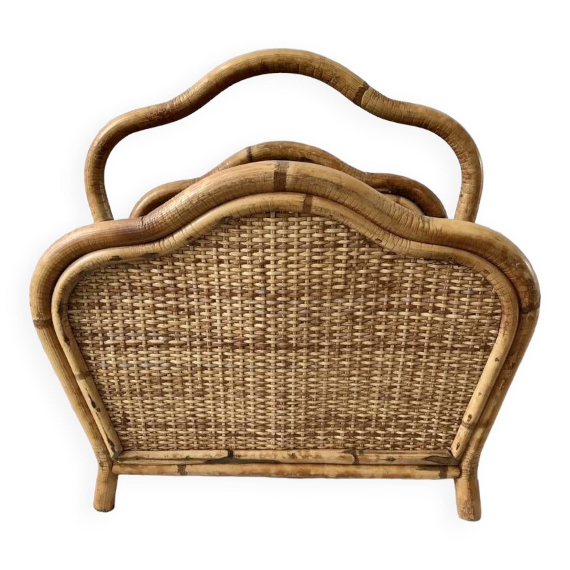 Magazine holder / Pine hutch in rattan, bamboo and canning 70s