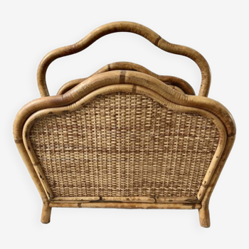 Magazine holder / Pine hutch in rattan, bamboo and canning 70s