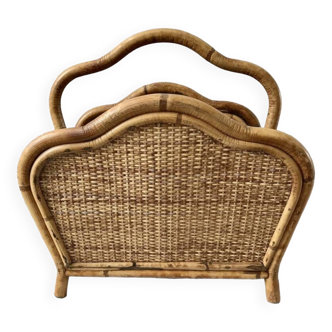 Magazine holder / Pine hutch in rattan, bamboo and canning 70s