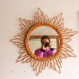 Vintage sun mirror in woven rattan
